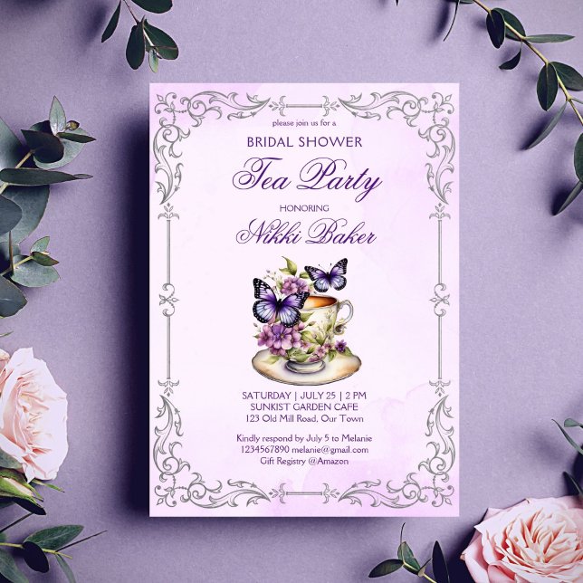 Purple butterflies Victorian bridal tea party Invitation (Purple butterflies vintage silver border Victorian bridal shower tea party Invitation template)