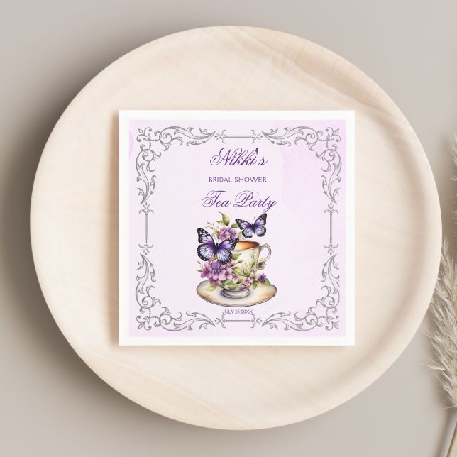 Purple butterflies Victorian bridal tea party Napkin (Purple butterflies Victorian bridal shower tea party printed Napkins personalized tableware decor)