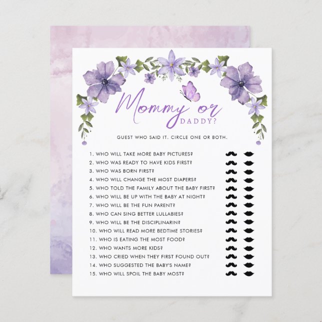 Purple Butterflies Watercolor Mummy or Daddy Game (Front/Back)