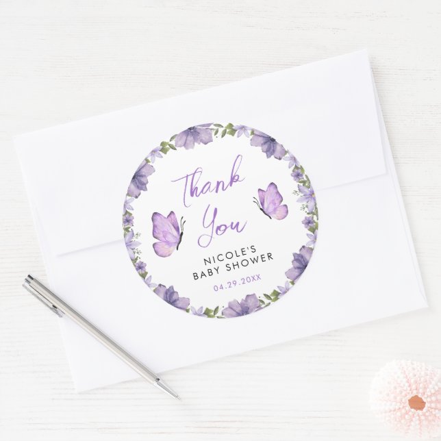 Purple Butterflies Watercolor Wildflower Baby Show Classic Round Sticker (Envelope)