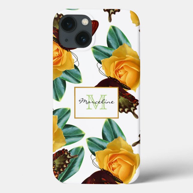Purple Butterflies & Yellow Roses with Name Case-Mate iPhone Case (Back)