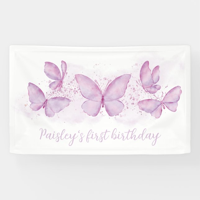 Purple Butterfly 1st Birthday Party Banner Girl  (Horizontal)