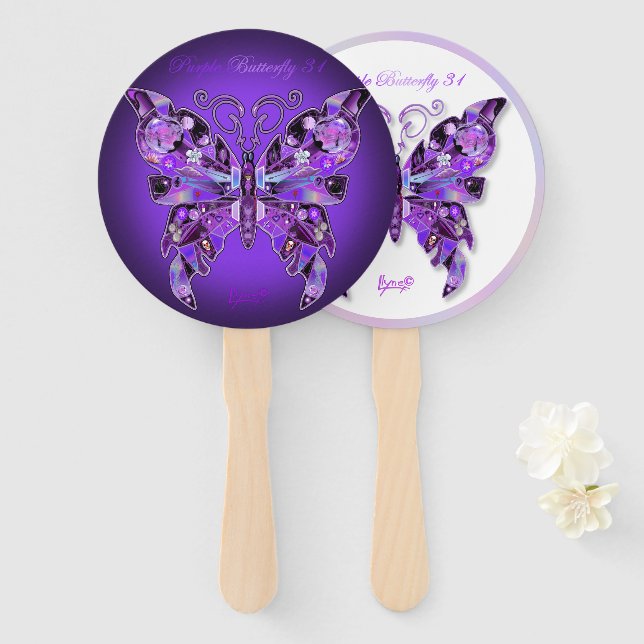 Purple Butterfly 31 Hand Fan (Front and Back)
