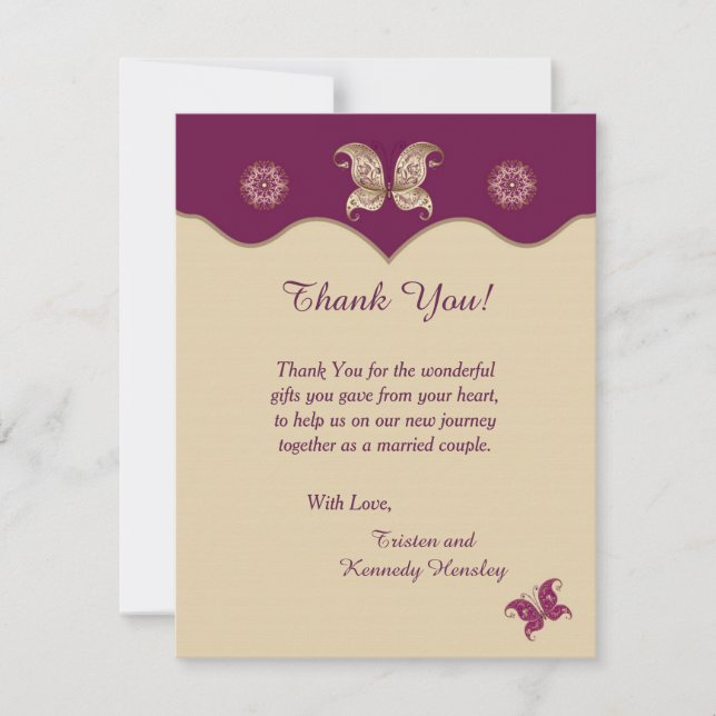 Purple Butterfly 4x5 Flat Wedding Thank You Card (Front)