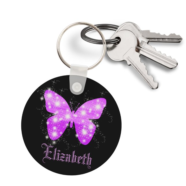 Purple butterfly and stars personalised with name key ring (Creator Uploaded)