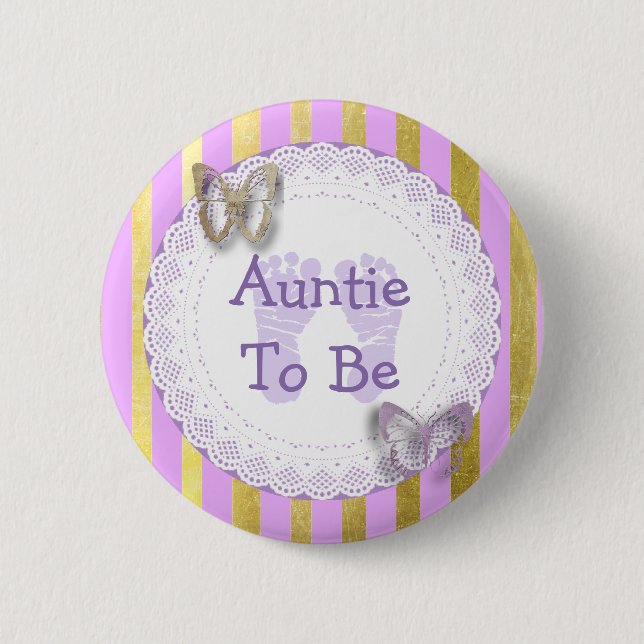 Purple Butterfly Auntie to be baby shower button (Front)