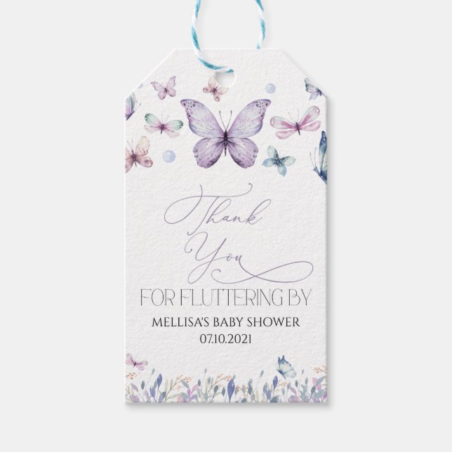 Purple Butterfly Baby Girl Baby Shower Favour Tag (Front)