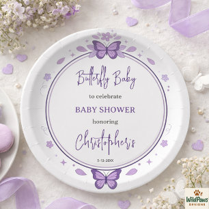 Purple Butterfly Baby Girl Baby Shower Paper Plate