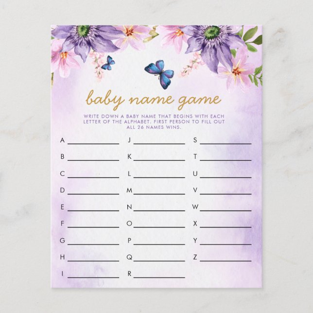 Purple Butterfly Baby Name Shower Game (Front)