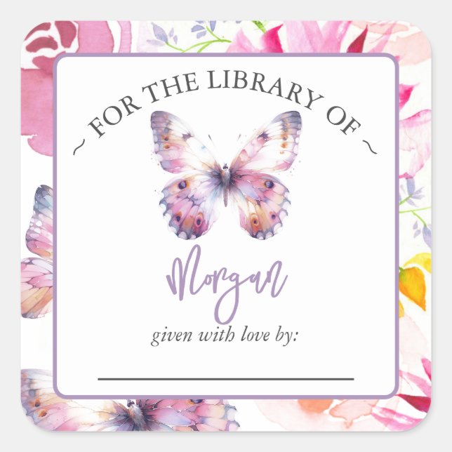 Purple Butterfly Baby Shower Bookplate Square Sticker (Front)