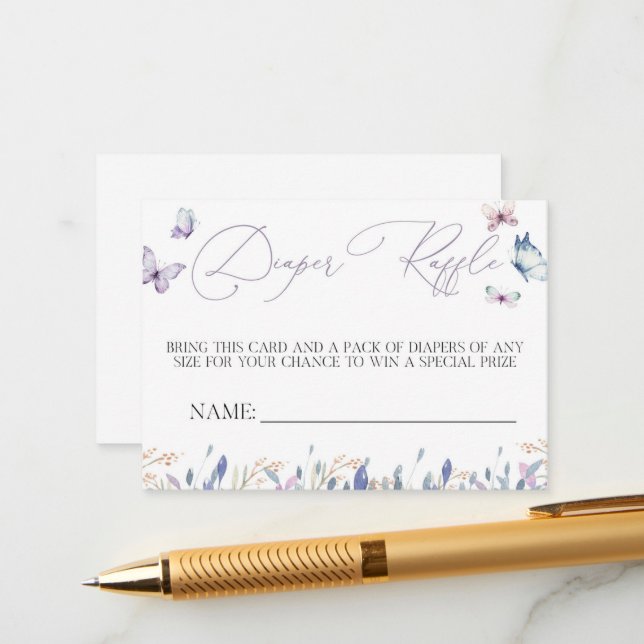 Purple Butterfly Baby Shower Diaper Raffle Card (Front/Back In Situ)