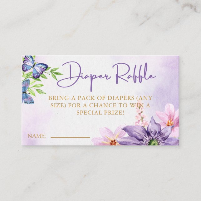 Purple Butterfly Baby Shower Diaper Raffle Enclosure Card (Front)