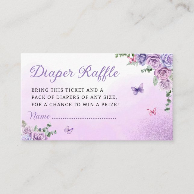 Purple Butterfly Baby Shower Diaper Raffle Ticket Enclosure Card (Front)