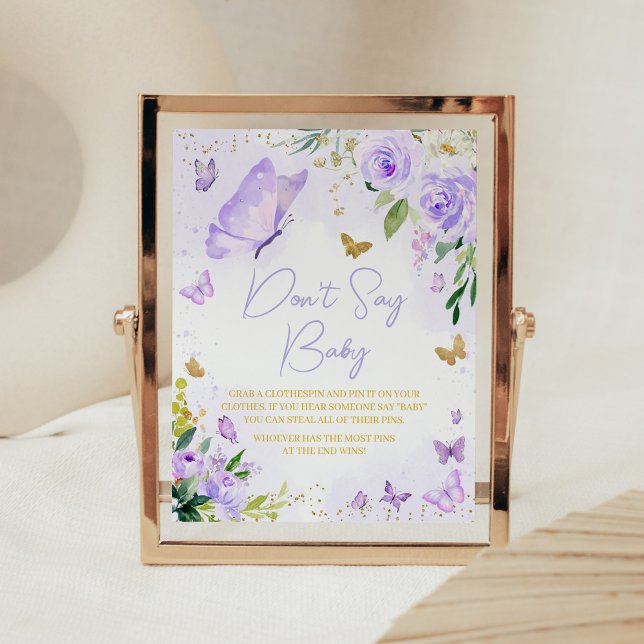 Purple Butterfly Baby Shower Don't Say Baby Poster (Girl Floral Butterfly Baby Shower Don't Say Baby Sign)