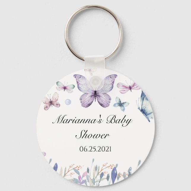 Purple Butterfly Baby Shower Favour Button Keychai Key Ring (Front)