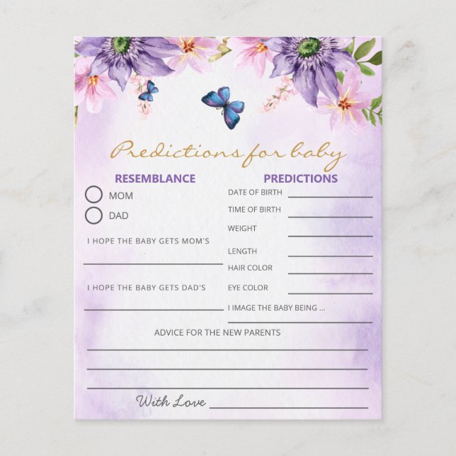 Purple Butterfly Baby Shower Game Predictions Card (Front)