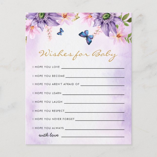 Purple Butterfly Baby Shower Game Wishes ForA Baby (Front)