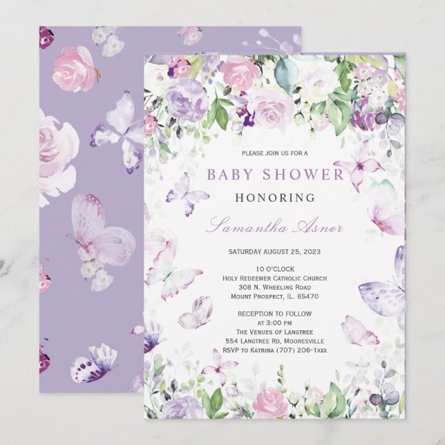 Purple Butterfly Baby Shower  Invitation (Front/Back)