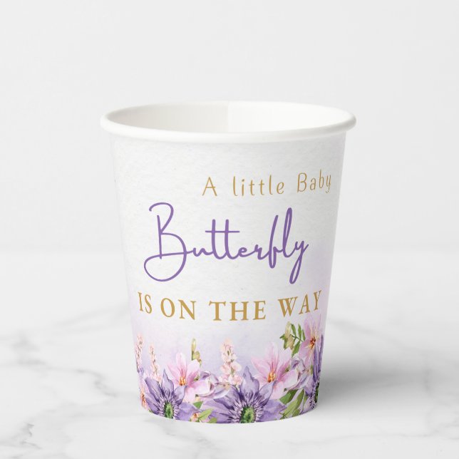 Purple Butterfly Baby Shower Paper Cups (Left)