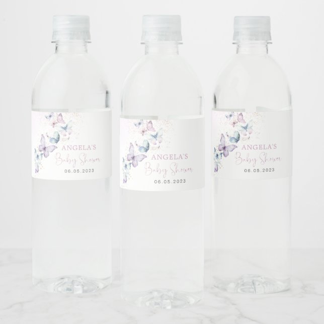 Purple Butterfly Baby Shower Water Bottle Label (Bottles)