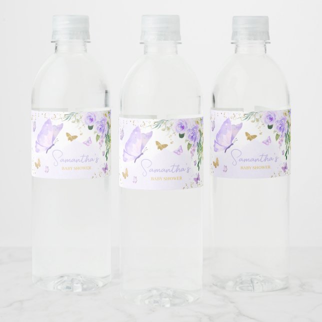 Purple Butterfly Baby Shower  Water Bottle Label (Bottles)