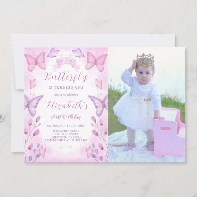 Purple Butterfly Birthday Invitation With Photo (Front)