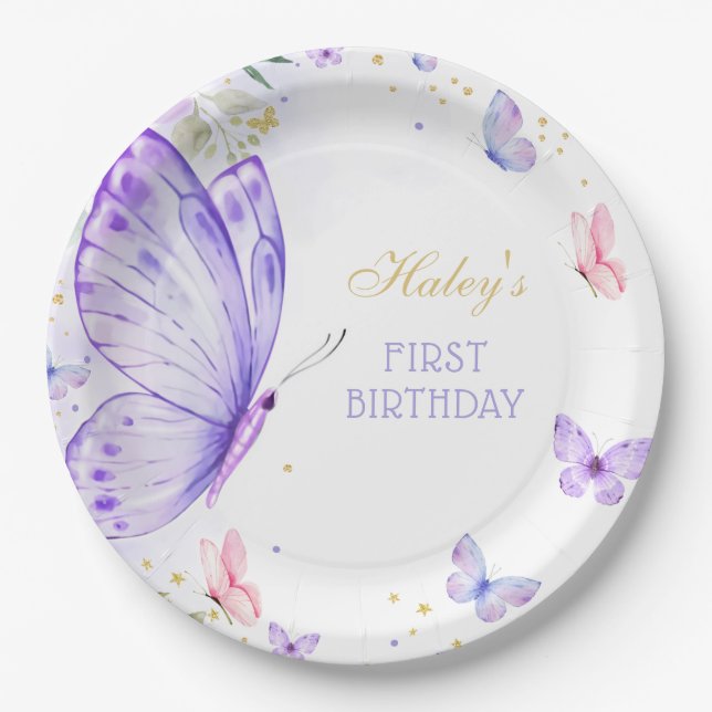 Purple Butterfly Birthday Paper Plate (Front)
