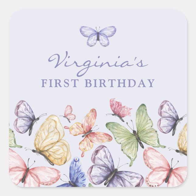 Purple Butterfly Birthday Square Sticker (Front)