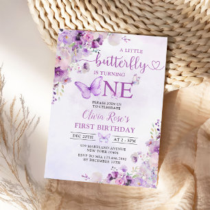 Purple Butterfly Boho Flowers 1st Birthday Invitation