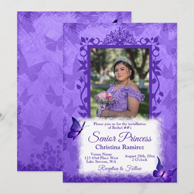 Purple Butterfly Border Honoured Queen Installatio Invitation (Front/Back)