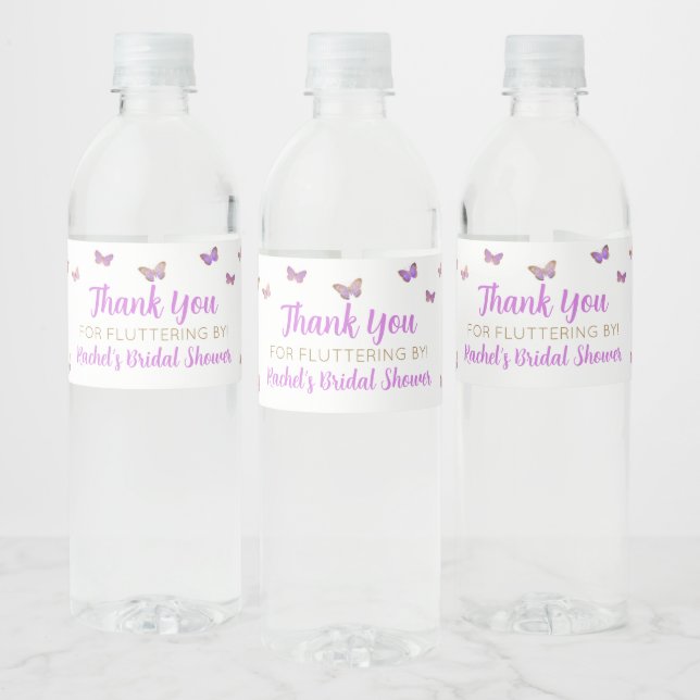Purple Butterfly Bridal Shower Favour Water Bottle Label (Bottles)