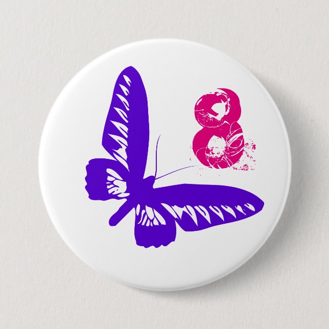 Purple butterfly button for age 8. (Front)