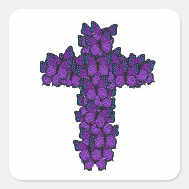 Purple Butterfly Cross Square Stickers (Front)