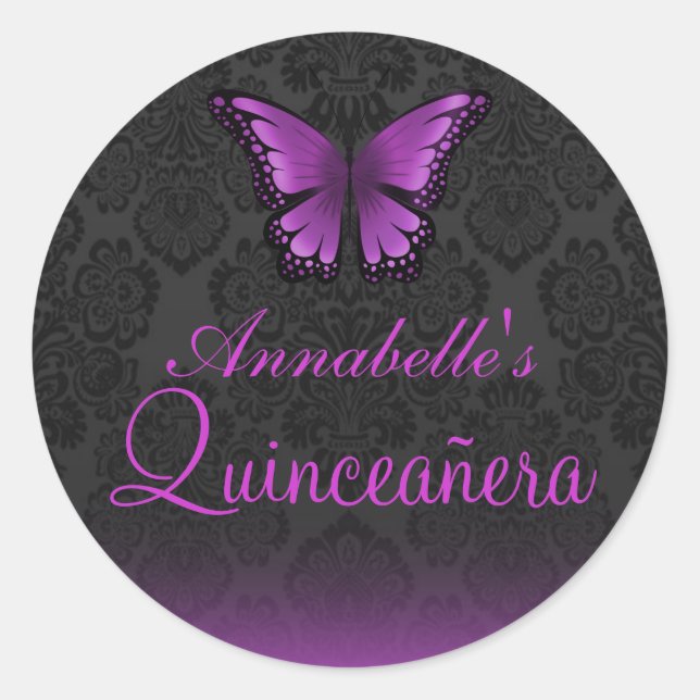 Purple Butterfly & Damask Quinceañera Sticker (Front)