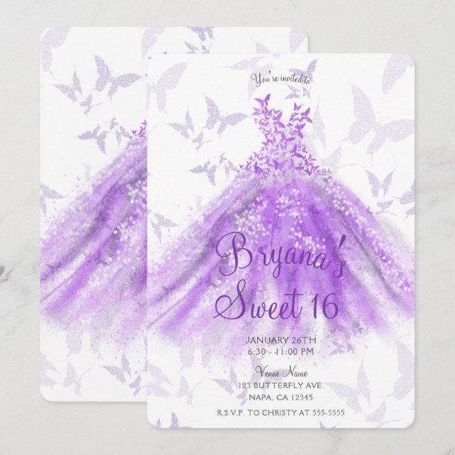 Purple Butterfly Dance Dress Sweet 16 Party Invitation (Front/Back)
