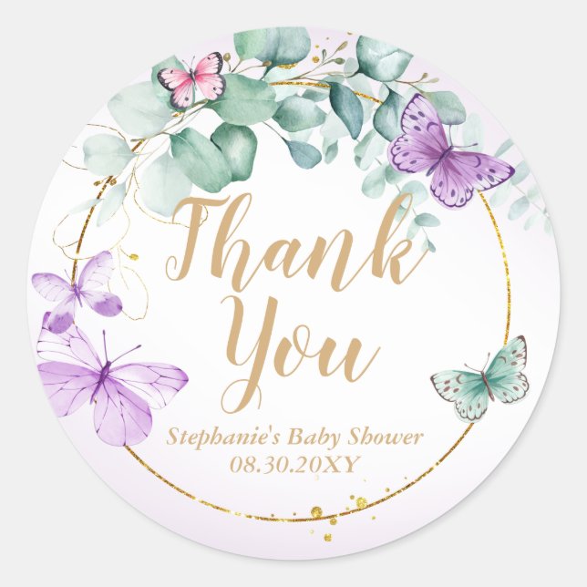 Purple Butterfly Eucalyptus Baby Shower Favour  Classic Round Sticker (Front)