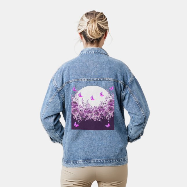 Purple Butterfly Floral Denim Jacket (Model)