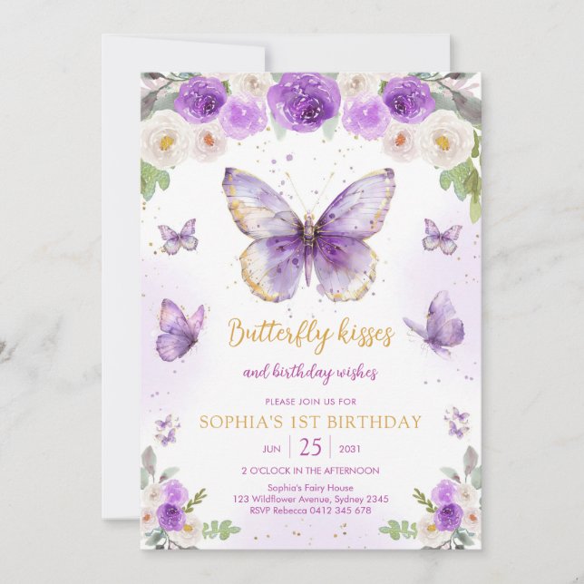 Purple Butterfly Floral Girl Birthday Invitation (Front)
