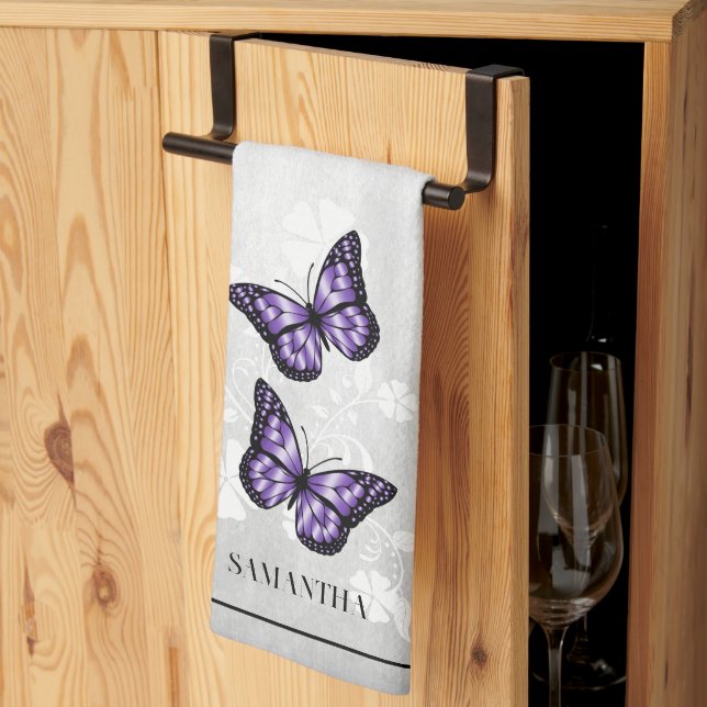 Purple Butterfly Floral Kitchen Towel (Thirds Fold)
