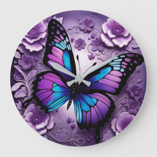 Purple Butterfly Floral Large Clock