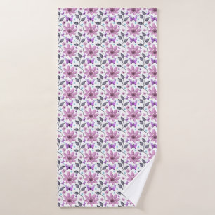 Purple Butterfly Floral Pattern Cute Cottagecore Bath Towel