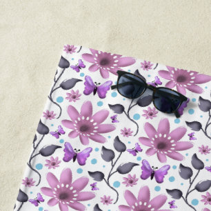 Purple Butterfly Floral Pattern Cute Cottagecore Beach Towel