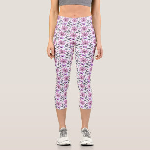 Purple Butterfly Floral Pattern Cute Cottagecore Capri Leggings