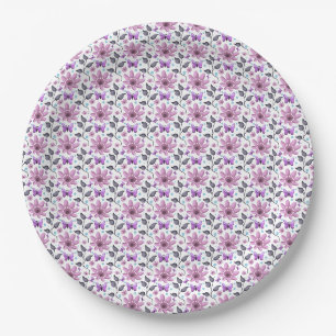Purple Butterfly Floral Pattern Cute Cottagecore Paper Plate
