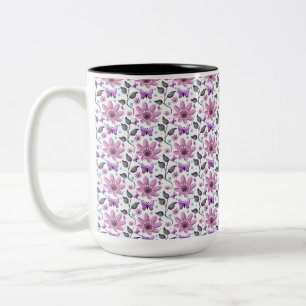 Purple Butterfly Floral Pattern Cute Cottagecore Two-Tone Coffee Mug