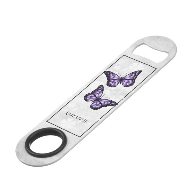 Purple Butterfly Floral Personalised Bar Key (Front Angled)