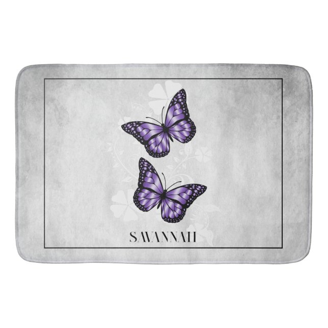 Purple Butterfly Floral Personalised Bath Mat (Front)
