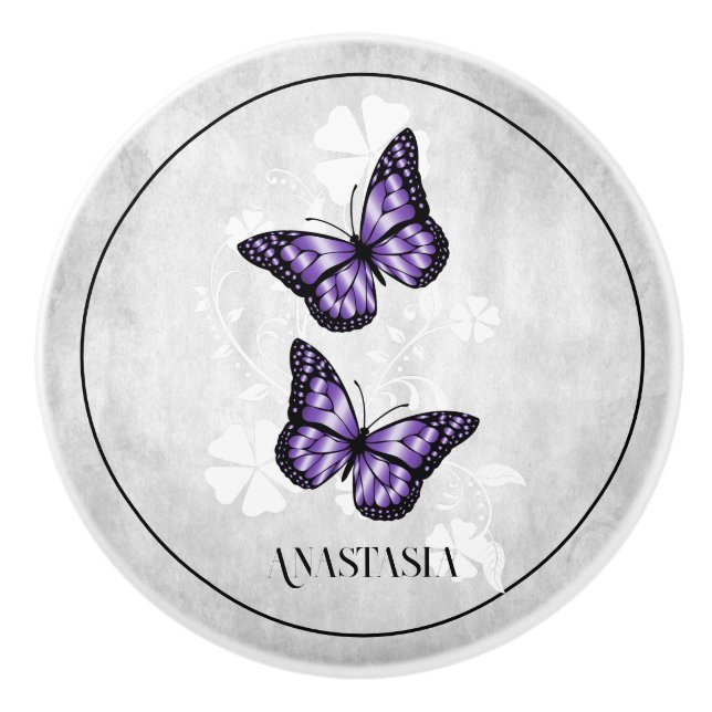 Purple Butterfly Floral Personalised Ceramic Knob (Front)