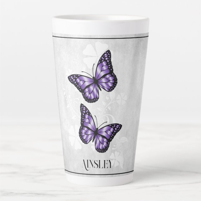 Purple Butterfly Floral Personalised Latte Mug (Front)