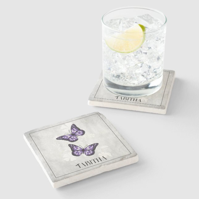 Purple Butterfly Floral Personalised Stone Coaster (Side)